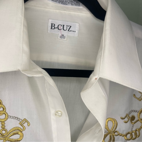 B-Cuz‎ cream Button-Up Shirt Gold Musical Note Embroidery vintage music teacher - Picture 7 of 9